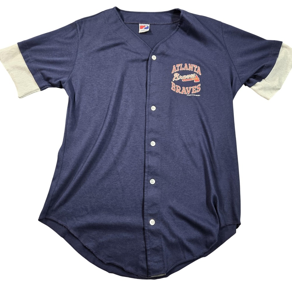 Atlanta Braves Shirt Mens Large Blue MLB Baseball Swingster Button Front Jersey
